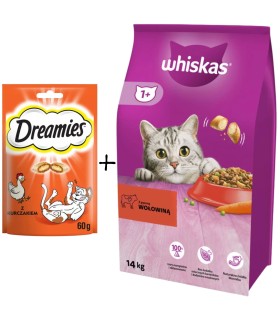 WHISKAS Adult sucha karma kotów z wołowiną 14kg + GRATIS
